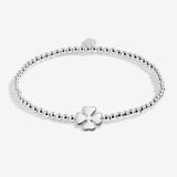 Joma Jewellery silver plated beaded bracelet with four leaf clover charm presented on a foil stamped sentiment card.
