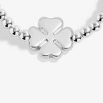 Joma Jewellery silver plated beaded bracelet with four leaf clover charm presented on a foil stamped sentiment card.
