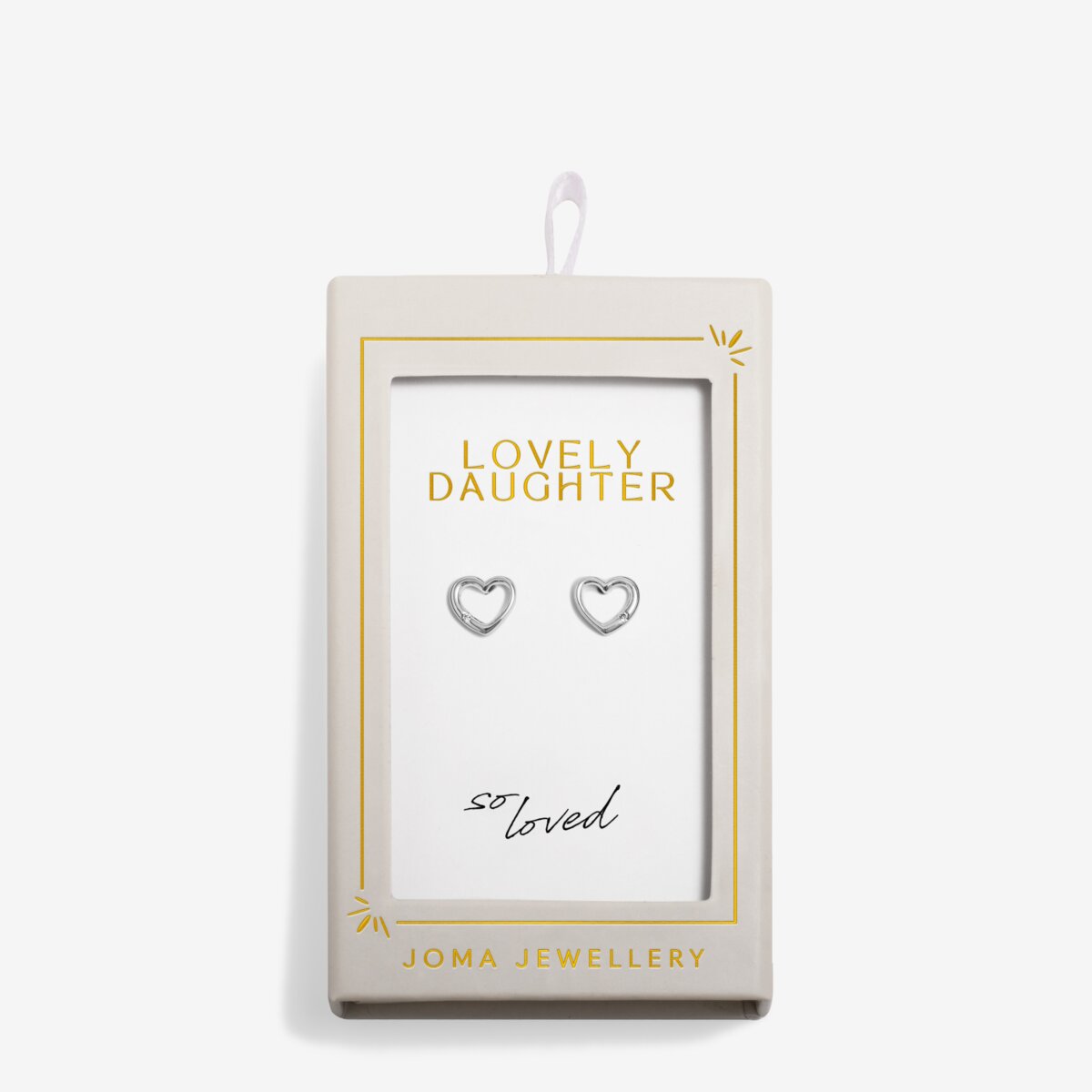 Heart-shaped earrings in a 'Lovely Daughter' Joma Jewellery packaging on a white background
