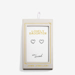 Heart-shaped earrings in a 'Lovely Daughter' Joma Jewellery packaging on a white background