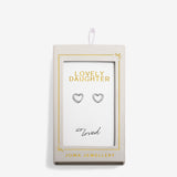 Heart-shaped earrings in a 'Lovely Daughter' Joma Jewellery packaging on a white background