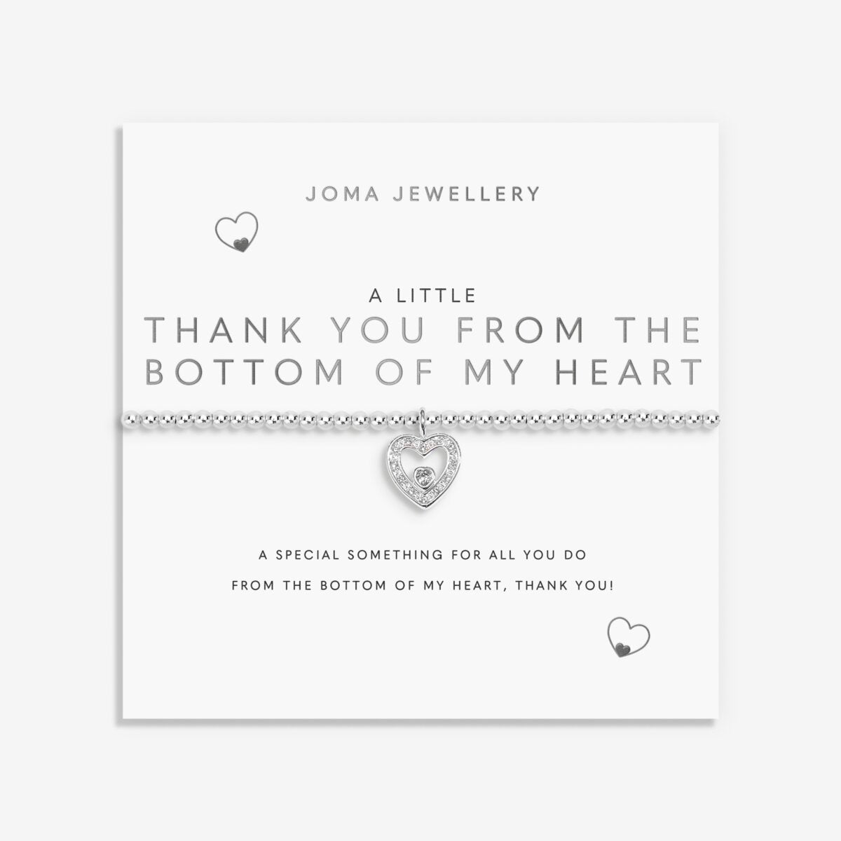 Joma Jewellery stretch beaded bracelet with hanging heart sparkly charm presented on a foil stamped sentiment card.
