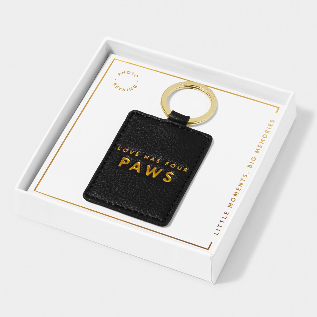 Black photo keyring with sentiment Love Has Four Paws in gold