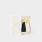 Katie Loxton beautifully boxed Mr & Mrs keyring set in black and white with gold tone hardware. 