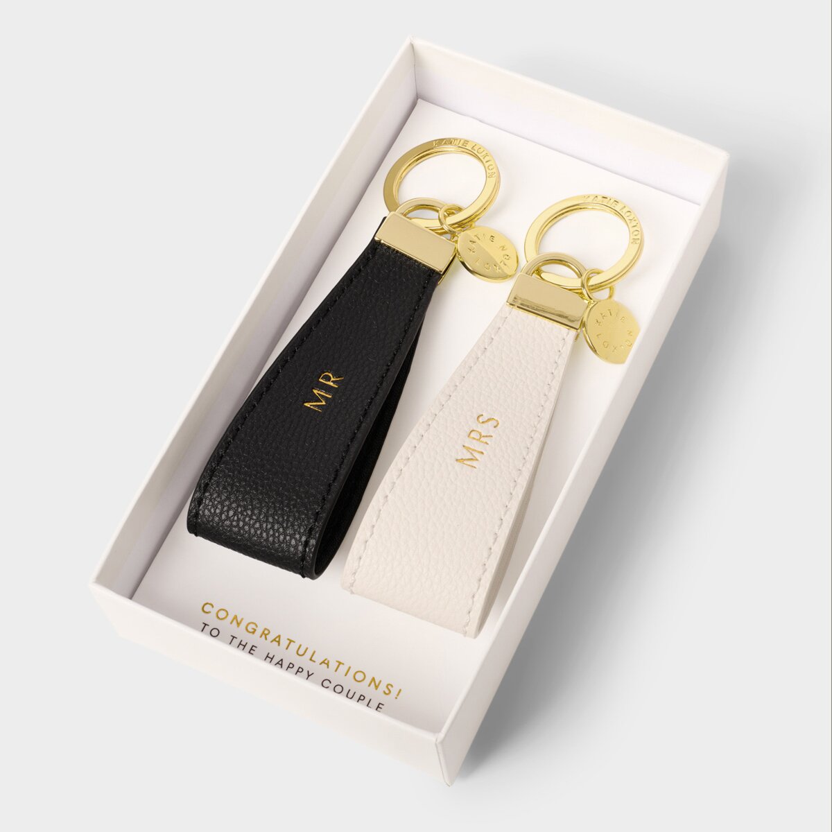 Katie Loxton beautifully boxed Mr & Mrs keyring set in black and white with gold tone hardware. 