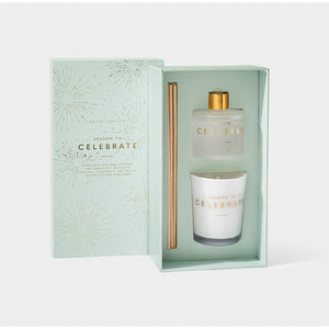 Katie Loxton candle and reed diffuser in mint green and gold box