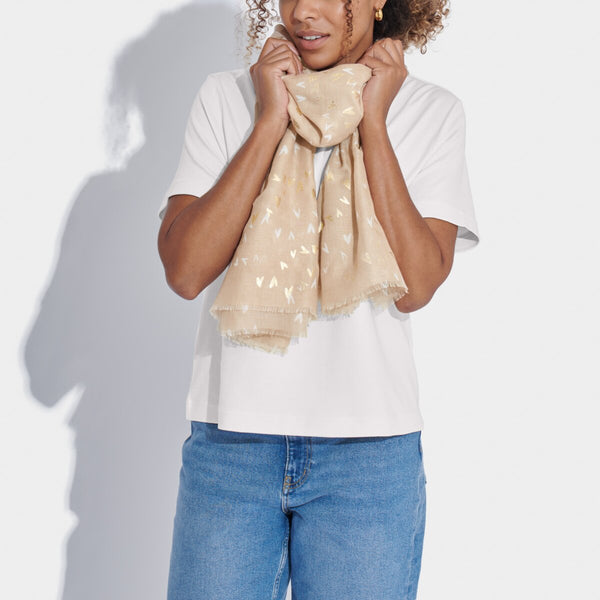 Soft tan foil printed scarf with heart design