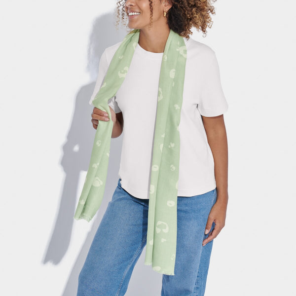 Soft sage Katie Loxton scarf with leopard brushstroke print