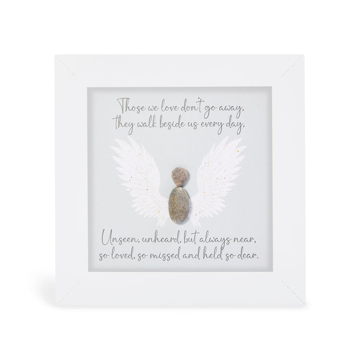 White framed pebble art with pebble angel and poem