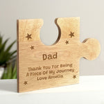 Personalised wooden jigsaw piece that can be used as a plaque or a coaster for Dad.