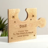 Personalised wooden jigsaw piece that can be used as a plaque or a coaster for Dad.