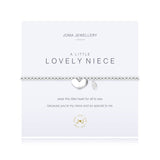 Joma Jewellery 'a little' bracelet with heart charm, presented on a sentiment card which reads: 'wear this little heart for all to see because you're my niece and so special to me' Beautifully packaged in it's own Joma Jewellery envelope and gifting card. Metal Type: Silver plated brass Dimensions: 17.5 cm