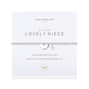 Joma Jewellery 'a little' bracelet with heart charm, presented on a sentiment card which reads: 'wear this little heart for all to see because you're my niece and so special to me' Beautifully packaged in it's own Joma Jewellery envelope and gifting card. Metal Type: Silver plated brass Dimensions: 17.5 cm