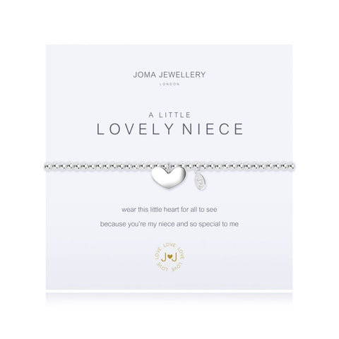 Joma Jewellery 'a little' bracelet with heart charm, presented on a sentiment card which reads: 'wear this little heart for all to see because you're my niece and so special to me' Beautifully packaged in it's own Joma Jewellery envelope and gifting card. Metal Type: Silver plated brass Dimensions: 17.5 cm