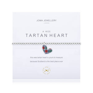 Joma Jewellery  'wee bracelet' with tartan heart charm, presented on a sentiment card which reads: ''this Tartan heart is yours to treasure because Scotland is the best place ever"" Beautifully packaged in it's own Joma Jewellery envelope and gifting card. Metal Type: Silver plated brass Dimensions: 17.5 cm