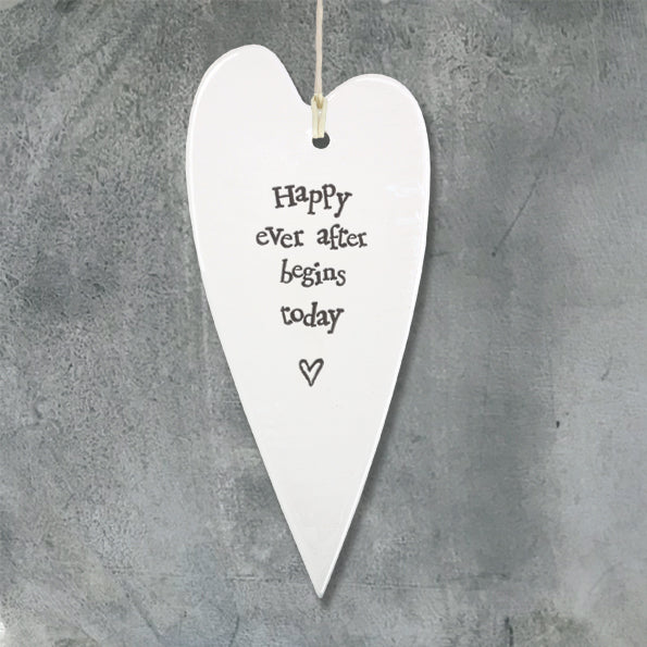 White Hanging Long 'Wobbly' Porcelain Heart from East of India which reads:  'Happy ever after begins today'