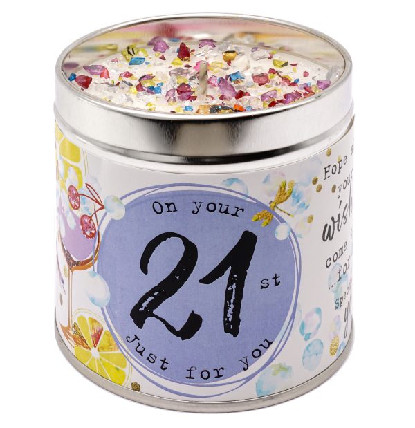 Tin Candle with lid and sparkly topping.  On your 21st just for you