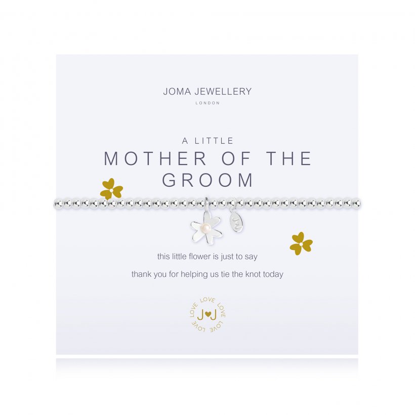 Joma Jewellery 'a little' faceted bracelet with beautiful flower charm, presented on a sentiment card which reads:  'This little flower is just to say thank you for helping us tie the knot today'