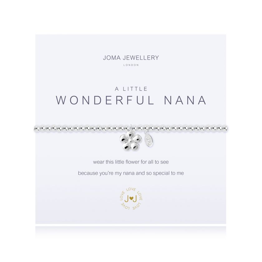 Joma Jewellery 'a little' bracelet with flower charm, presented on a sentiment card which reads: 'wear this little flower for all to see because you're my nana and so special to me' Beautifully packaged in it's own Joma Jewellery envelope and gifting card. Metal Type: Silver plated brass Dimensions: 17.5 cm