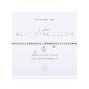 Joma Jewellery 'a little'  bracelet with 'star' charm, presented on a sentiment card which reads: 'this little star is yours to treasure cousins for life and friends forever' Beautifully packaged in it's own Joma Jewellery envelope and gifting card. Metal Type: Silver plated brass Dimensions: 17.5 cm