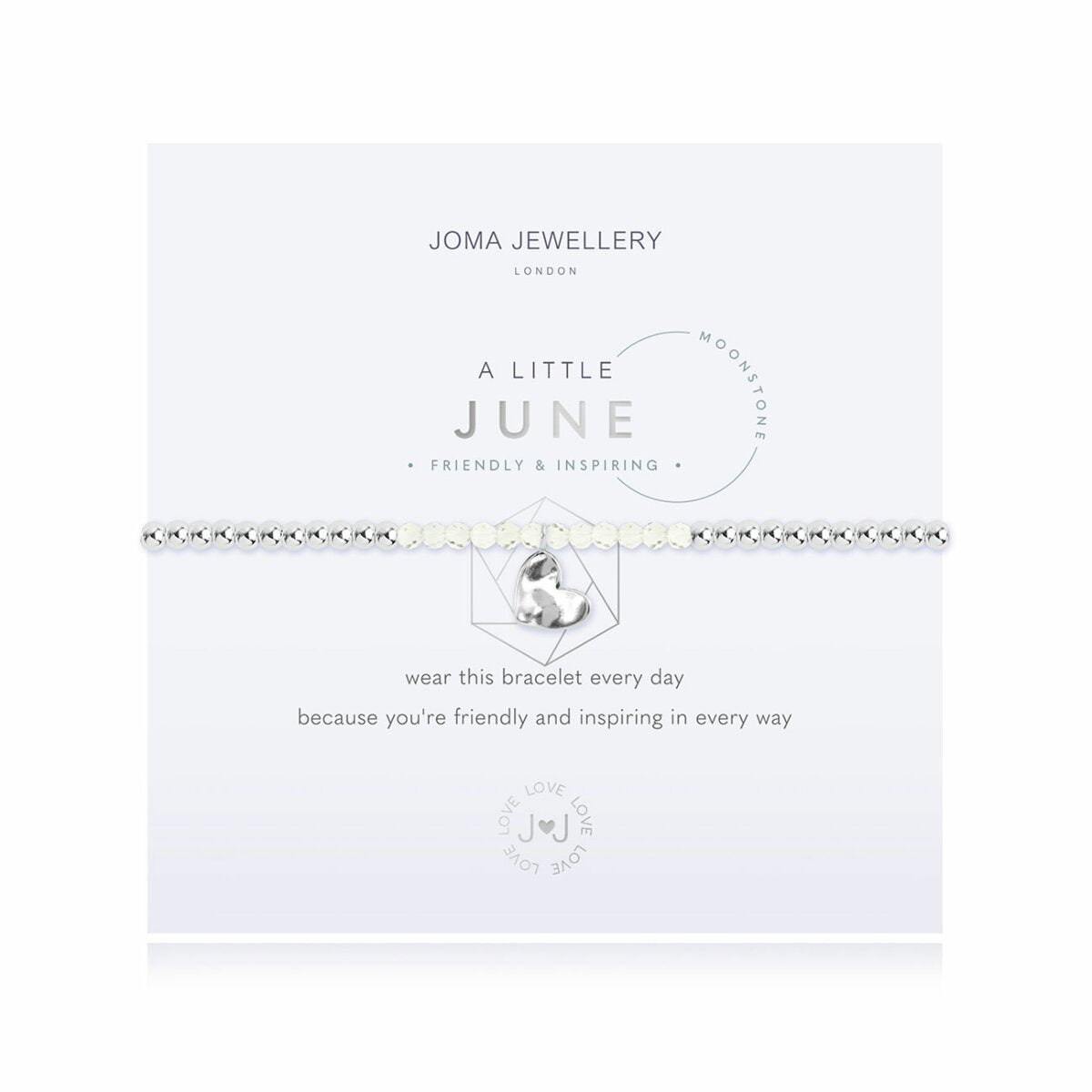 Wear this bracelet every day, because you're friendly and inspiring in every way.   For all June babies, our lovely 'A Little' bracelet radiates birthstone beauty with special moonstones and a gently hammered silver heart charm.