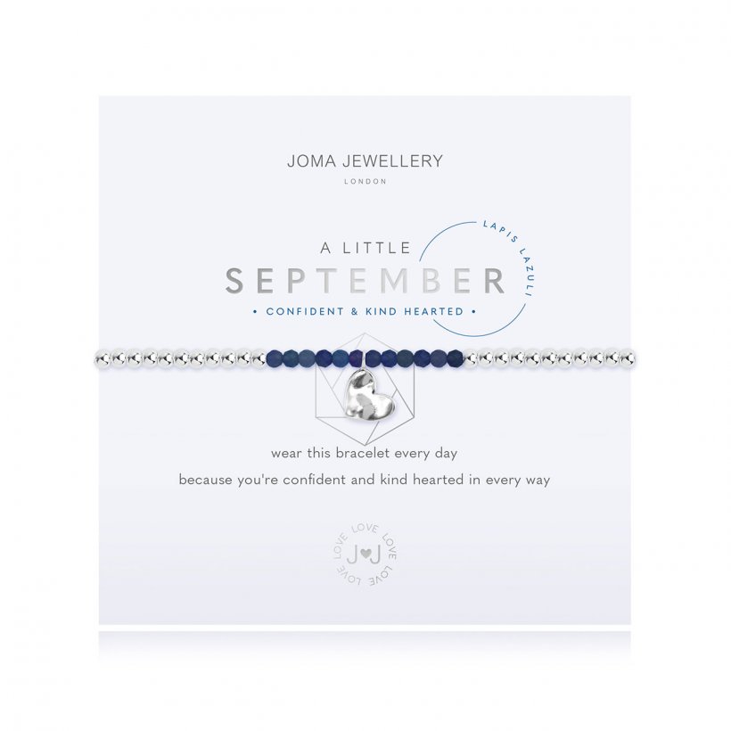 Joma Jewellery 'a little' bracelet with special lapis gemstones and a gently hammered silver heart charm, presented on a sentiment card which reads:  'special lapis gemstones and a gently hammered silver heart charm'