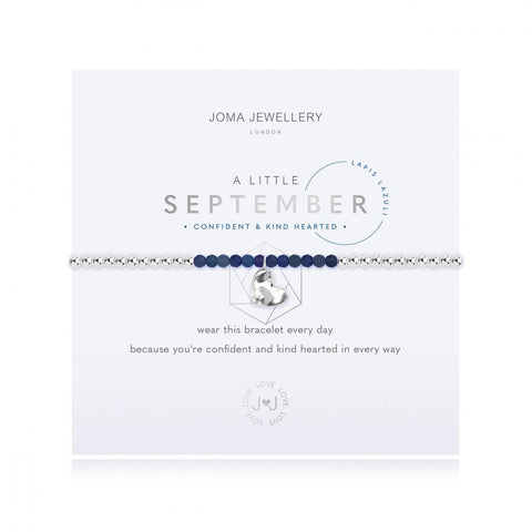 Joma Jewellery 'a little' bracelet with special lapis gemstones and a gently hammered silver heart charm, presented on a sentiment card which reads:  'special lapis gemstones and a gently hammered silver heart charm'