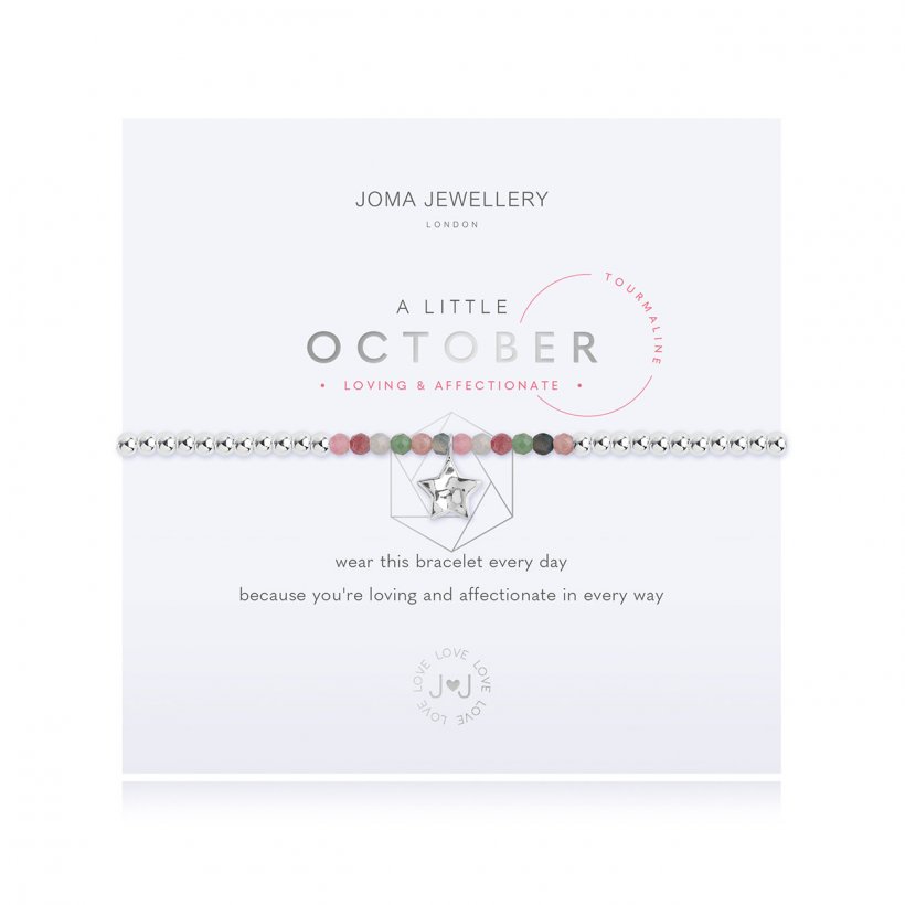 Joma Jewellery 'a little' bracelet with special tourmaline gemstones and a gently hammered silver star charm, presented on a sentiment card which reads:  'Wear this bracelet every day, because you're loving and affectionate in every way'