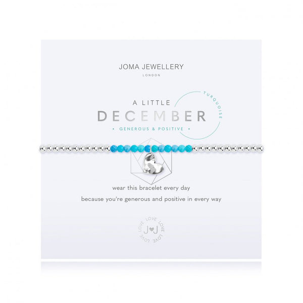 Joma Jewellery 'a little' bracelet with special turquoise gemstones and a gently hammered silver heart charm, presented on a sentiment card which reads:  'Wear this bracelet every day, because you're generous and positive in every way.'