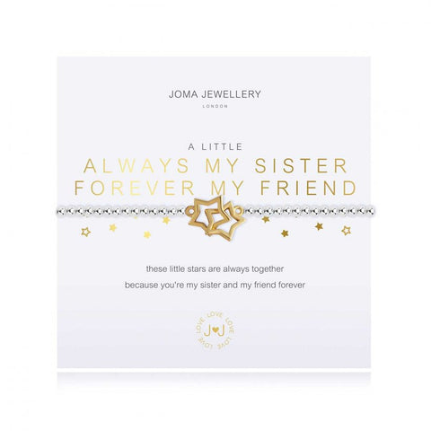 Joma Jewellery 'a little' bracelet with pretty entwined star charms, presented on a sentiment card which reads:  'these little stars are always together because you're my sister and my friend forever'