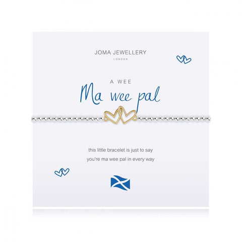 Joma Jewellery 'a little' bracelet with pretty little charm, presented on a sentiment card which reads:  'this little bracelet is just to say you're ma wee pal in every way'