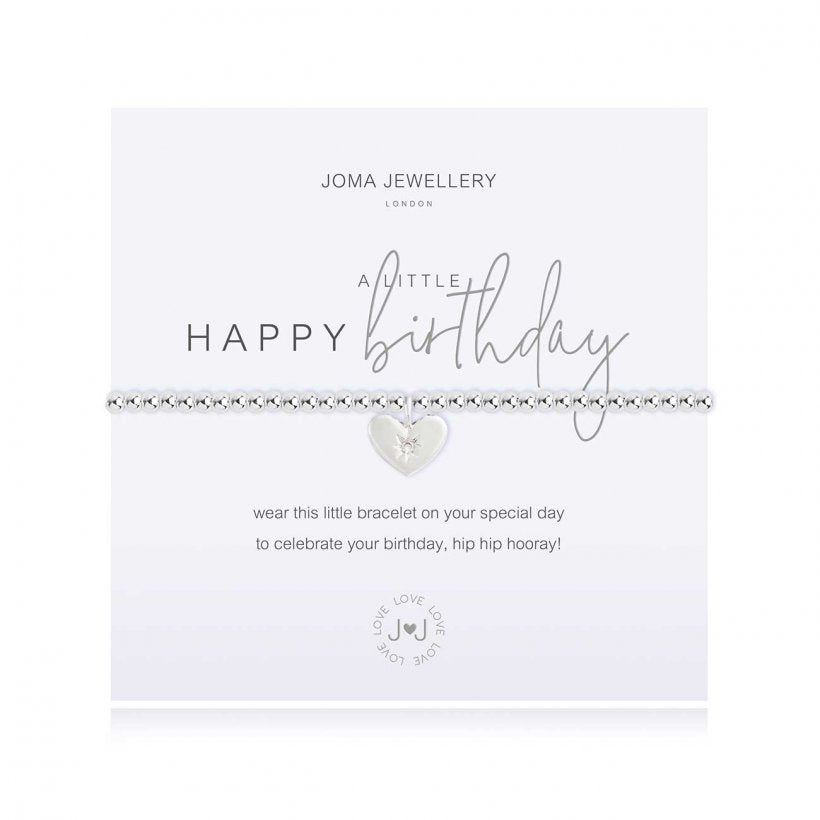 Joma Jewellery 'a little' bracelet with pretty little sparkly heart charm, presented on a sentiment card which reads:  'wear this little bracelet on your special day, to celebrate your birthday, hip hip hooray!'