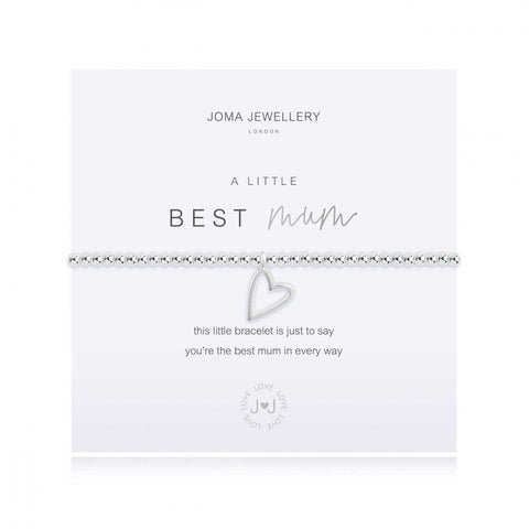 Joma Jewellery 'a little' bracelet with pretty outline heart charm, presented on a sentiment card which reads:  'this little bracelet is just to say, you're the best mum in every way'