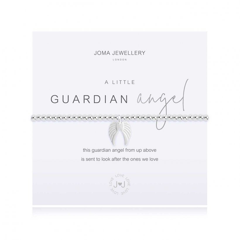 Joma Jewellery 'a little' bracelet with beautiful silver angel wings charm, presented on a sentiment card which reads:  'this guardian angel from up above, is sent to look after the ones we love'