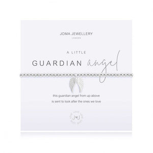 Joma Jewellery 'a little' bracelet with beautiful silver angel wings charm, presented on a sentiment card which reads:  'this guardian angel from up above, is sent to look after the ones we love'