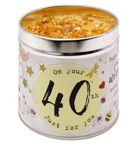 Tin Candle with lid and added sparkles.  Text reads on your 40th birthday