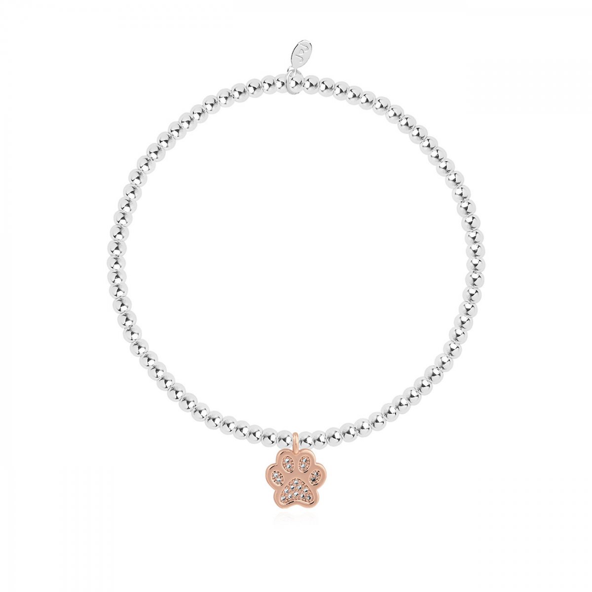 This cute silver plated stretch bracelet from Joma Jewellery's 'a little' pet range features an adorable little rose gold dog paw charm and comes presented on a sentiment card which reads:  'A Little'  'Love has four paws'  'this pretty charm is all yours, a reminder that love has four paws'