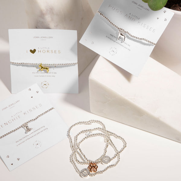 This cute silver plated stretch bracelet from Joma Jewellery's 'a little' pet range features an adorable little rose gold dog paw charm and comes presented on a sentiment card which reads:  'A Little'  'Love has four paws'  'this pretty charm is all yours, a reminder that love has four paws'