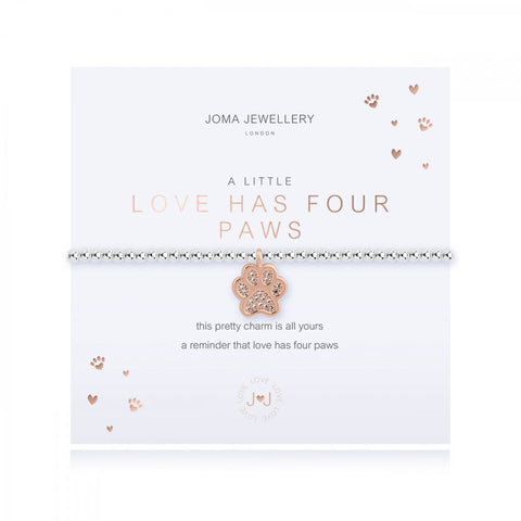 This cute silver plated stretch bracelet from Joma Jewellery's 'a little' pet range features an adorable little rose gold dog paw charm and comes presented on a sentiment card which reads:  'A Little'  'Love has four paws'  'this pretty charm is all yours, a reminder that love has four paws'