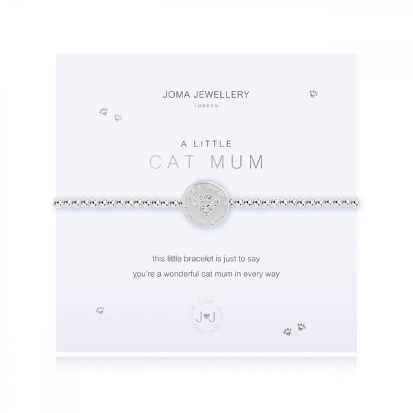 This cute silver plated stretch bracelet from Joma Jewellery's 'a little' pet range features an adorable little silver disc charm with sparkling paw print and comes presented on a sentiment card which reads:  'A Little'  'Cat Mum'  'this pretty bracelet is just to say, you're a wonderful cat mum in every way'