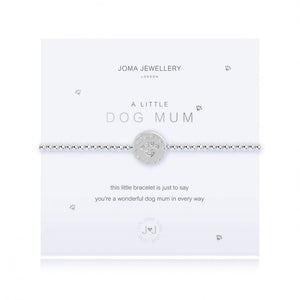 This cute silver plated stretch bracelet from Joma Jewellery's 'a little' pet range features an adorable little silver disc charm with sparkling paw print and comes presented on a sentiment card which reads:  'A Little'  'Dog Mum'  'this pretty bracelet is just to say, you're a wonderful dog mum in every way'