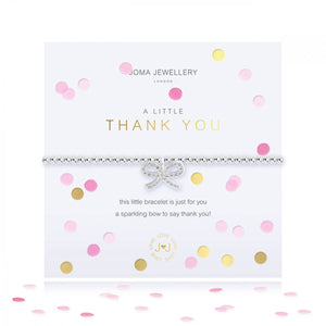 This cute, sparkling stretch bracelet from Joma Jewellery's 'Confetti A Littles' range is a beautiful gift idea to thank someone for their kindness.  The silver plated bracelet features a sparkly bow charm and comes presented on a card with the sentiment:  'A Little'  'Thank You'  'this little bracelet is just for you, a sparkling bow to say thank you!'
