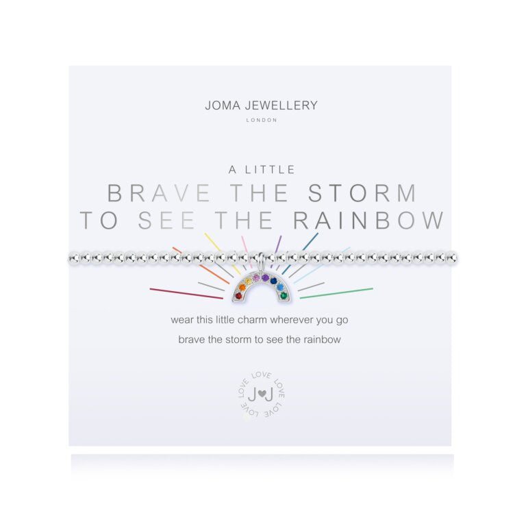 Joma Jewellery 'a little' bracelet with pretty little charm, presented on a sentiment card which reads:  'Wear this little charm wherever you go, brave the storm to see the rainbow'  Beautifully packaged in it's own Joma Jewellery envelope and gifting card.