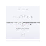 Silver plated silver stretch bracelet with heart charm, on sentiment card with True Friend poem