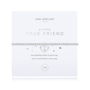 Joma Jewellery 'a little' bracelet with pretty little charm, presented on a sentiment card which reads:  'This sparkling charm is just to say, you're a true friend in every way'  Beautifully packaged in it's own Joma Jewellery envelope and gifting card.