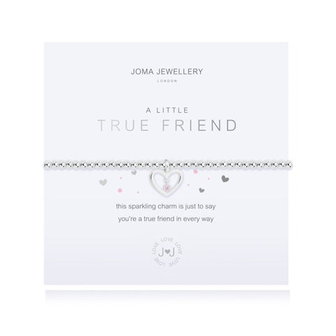 Silver plated silver stretch bracelet with heart charm, on sentiment card with True Friend poem