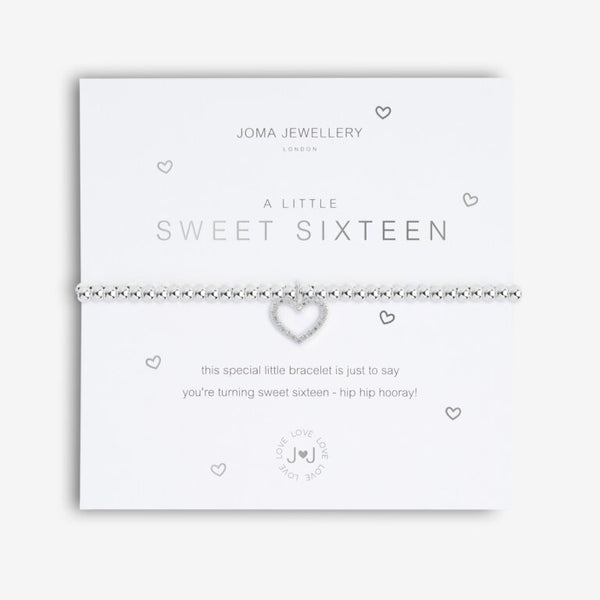 Joma Jewellery 'a little' bracelet with pretty little charm, presented on a sentiment card which reads:  'This special bracelet is just to say, you're turning sweet sixteen – hip hip hooray'  Beautifully packaged in it's own Joma Jewellery envelope and gifting card.