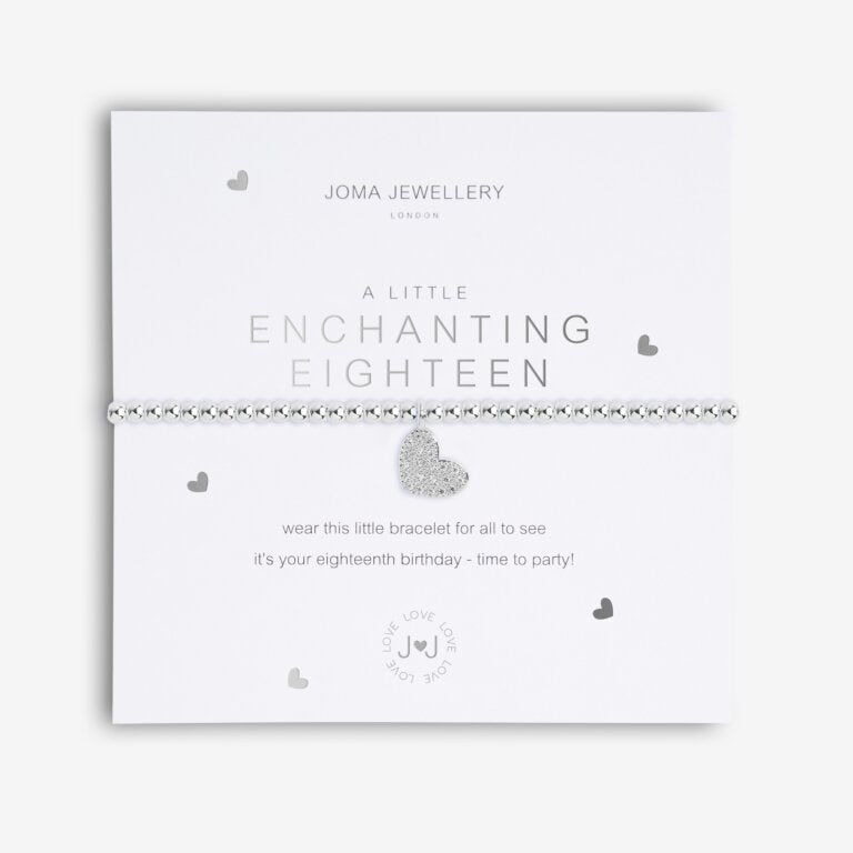 Joma Jewellery 'a little' bracelet with pretty little charm, presented on a sentiment card which reads:  'Wear this little bracelet for all to see, it's your eighteenth birthday – time to party'  Beautifully packaged in it's own Joma Jewellery envelope and gifting card.