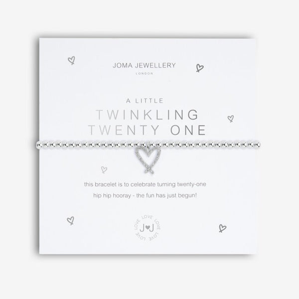 Joma Jewellery 'a little' bracelet with pretty little charm, presented on a sentiment card which reads:  'This bracelet is to celebrate turning twenty-one, hip hip hooray – the fun has just begun!'  Beautifully packaged in it's own Joma Jewellery envelope and gifting card.