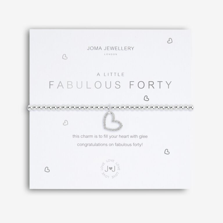 Joma Jewellery 'a little' bracelet with pretty little charm, presented on a sentiment card which reads:  'This charm is to fill your heart with glee, congratulations on fabulous forty!'  Beautifully packaged in it's own Joma Jewellery envelope and gifting card.